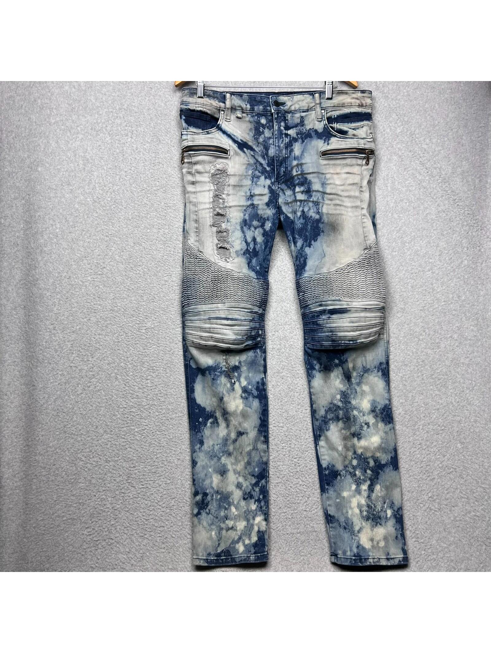 Robin's Jean Mens Biker Slim Jeans 38 Acid Wash Distress Moto Blue /Gray Grunge